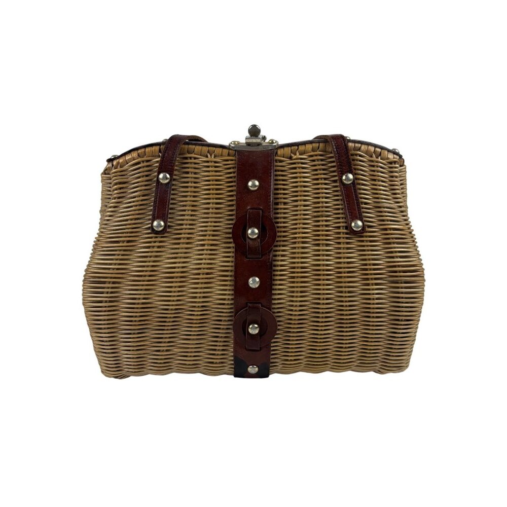 Vintage 50s Wicker Bag Beige Brown Leather Trim Top Handle Handbag AS IS - Picture 2 of 10